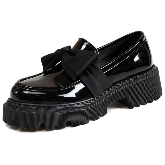 SACFOF Patent Leather Loafers for Women Slip-On Platform Chunky Heel Bow Loafers Dress Oxfords Shoes Casual Business Work Shoes