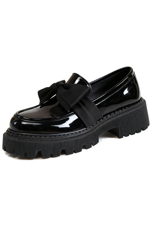 Patent Leather Loafers for Women Slip-On Platform Chunky Heel Bow Loafers Dress Oxfords Shoes Casual Business Work Shoes