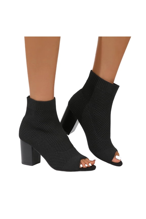 Peep Toe Booties for Women Knit Pointed Toe Chunky Block Heels Breathable Sandals Summer Casual Slip On Dress Sock Booties US5-11