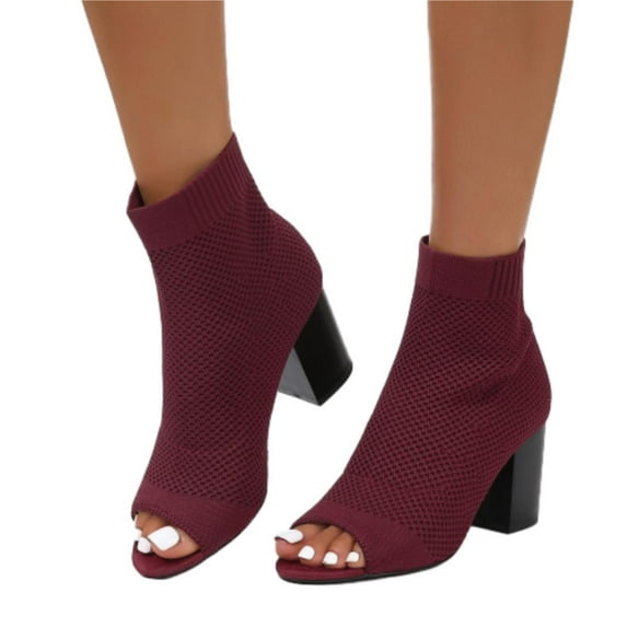SACFOF Peep Toe Booties for Women Knit Pointed Toe Chunky Block Heels Breathable Sandals Summer Casual Slip On Dress Sock Booties US5-11