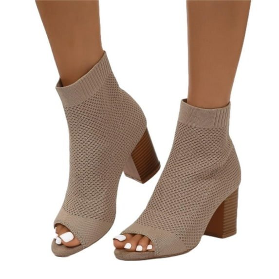 SACFOF Peep Toe Booties for Women Knit Pointed Toe Chunky Block Heels Breathable Sandals Summer Casual Slip On Dress Sock Booties US5-11