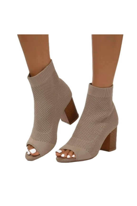 Peep Toe Booties for Women Knit Pointed Toe Chunky Block Heels Breathable Sandals Summer Casual Slip On Dress Sock Booties US5-11