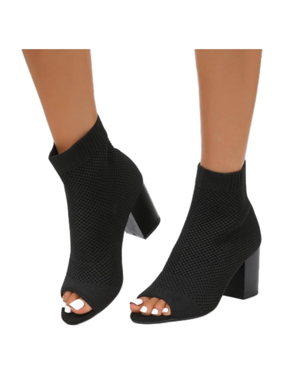 Peep Toe Booties for Women Knit Pointed Toe Chunky Block Heels Breathable Sandals Summer Casual Slip On Dress Sock Booties US5-11