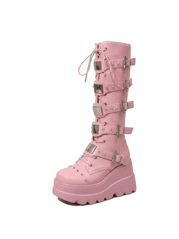 Pink Platform Boots Over Knee Thigh High Goth Boots for Women Chunky Heel Rave Motorcycle Boots with Buckles Side Lace Boots