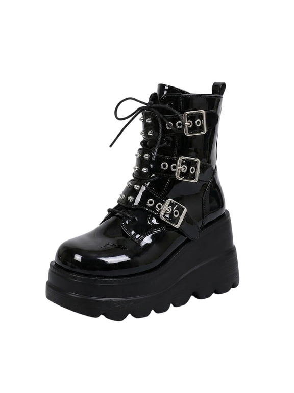 Platform Ankle Boots for Women Chunky High Heel Booties Goth Round Toe Combat Wedges Boots Buckle Studded Motorcycle Booties