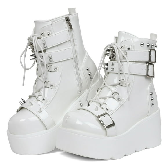 SACFOF Platform Ankle Boots for Women Chunky High Heel Booties Goth Round Toe Combat Wedges Boots Buckle Studded Motorcycle Booties