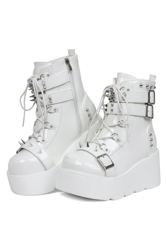 Platform Ankle Boots for Women Chunky High Heel Booties Goth Round Toe Combat Wedges Boots Buckle Studded Motorcycle Booties