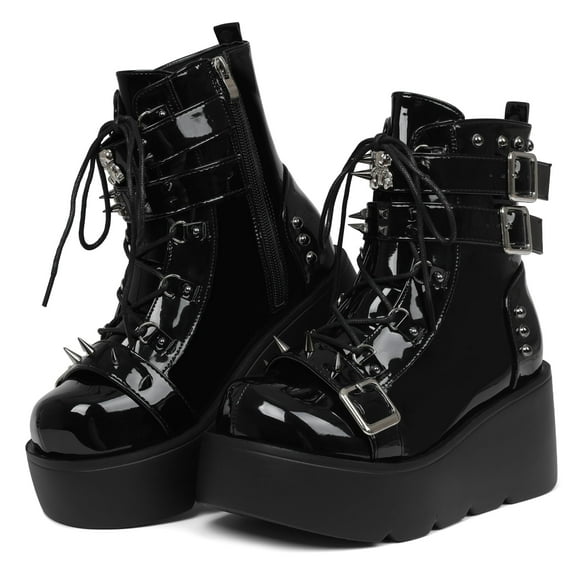 SACFOF Platform Ankle Boots for Women Chunky High Heel Booties Goth Round Toe Combat Wedges Boots Buckle Studded Motorcycle Booties