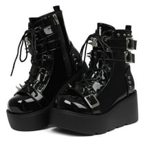 SACFOF Platform Ankle Boots for Women Chunky High Heel Booties Goth Round Toe Combat Wedges Boots Buckle Studded Motorcycle Booties