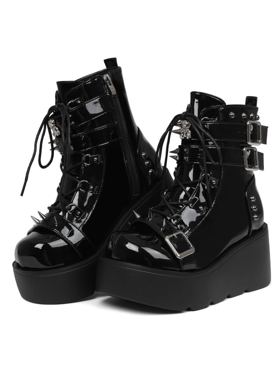 Platform Ankle Boots for Women Chunky High Heel Booties Goth Round Toe Combat Wedges Boots Buckle Studded Motorcycle Booties