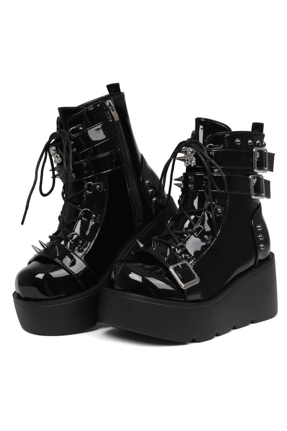 Platform Ankle Boots for Women Chunky High Heel Booties Goth Round Toe Combat Wedges Boots Buckle Studded Motorcycle Booties