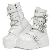 SACFOF Platform Boots for Women Goth Boots Ankle Boot Side Zip Round Toe Wedge Buckle Combat Rave Boot Chunky High Heels Motorcycle Cosplay Party Festival Leather Shoes
