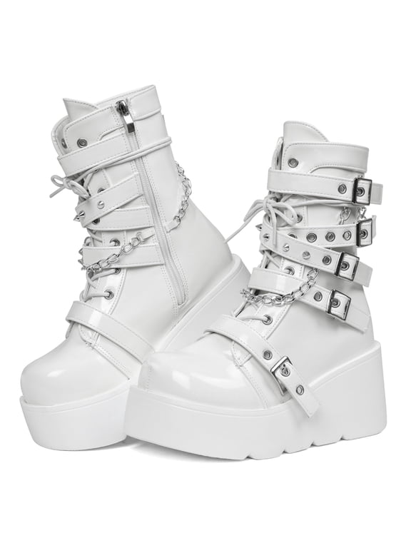 Platform Boots for Women Goth Boots Ankle Boot Side Zip Round Toe Wedge Buckle Combat Rave Boot Chunky High Heels Motorcycle Cosplay Party Festival Leather Shoes