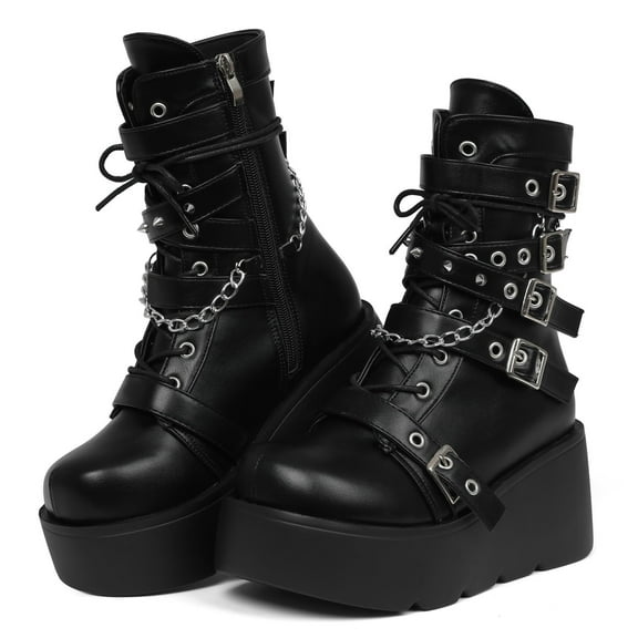 SACFOF Platform Boots for Women Goth Boots Ankle Boot Side Zip Round Toe Wedge Buckle Combat Rave Boot Chunky High Heels Motorcycle Cosplay Party Festival Leather Shoes