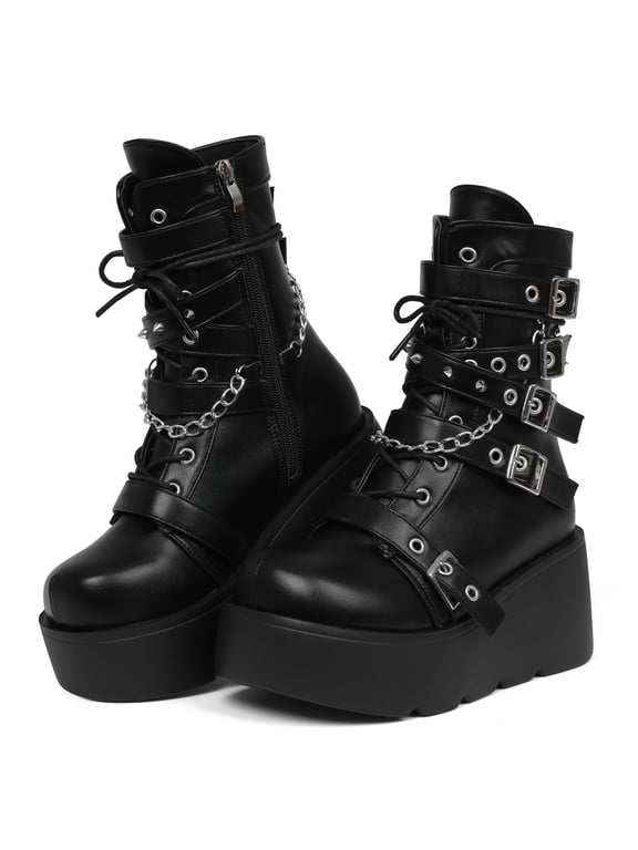 Platform Boots for Women Goth Boots Ankle Boot Side Zip Round Toe Wedge Buckle Combat Rave Boot Chunky High Heels Motorcycle Cosplay Party Festival Leather Shoes