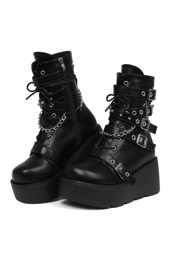 Platform Boots for Women Goth Boots Ankle Boot Side Zip Round Toe Wedge Buckle Combat Rave Boot Chunky High Heels Motorcycle Cosplay Party Festival Leather Shoes