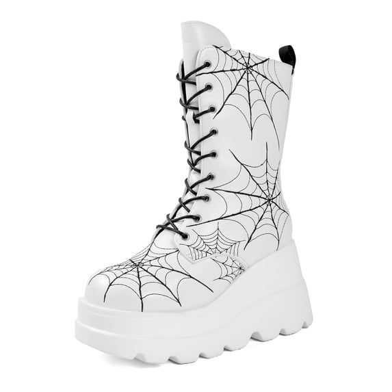 SACFOF Platform Goth Mid Calf Boots for Women Punk Motorcycle Round Toe Combat Chunky Heel Boots Lace Up Wedge Booties