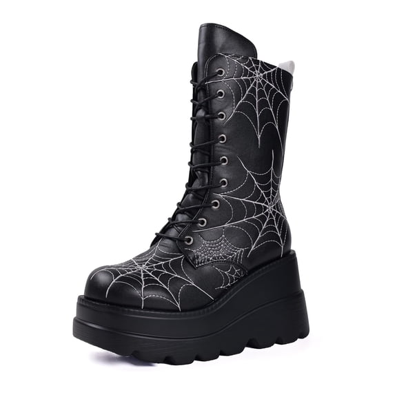 SACFOF Platform Goth Mid Calf Boots for Women Punk Motorcycle Round Toe Combat Chunky Heel Boots Lace Up Wedge Booties