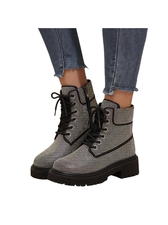 Rhinestone Combat Boots Platform Chunky Heel Lace Up Ankle Boots for Fall Winter Daily Wear,Outdoor Hiking,City Walk