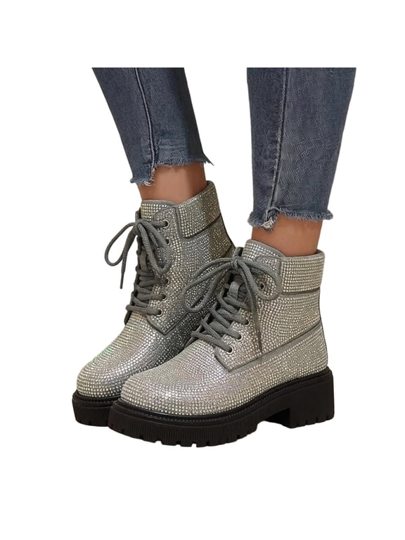 Rhinestone Combat Boots Platform Chunky Heel Lace Up Ankle Boots for Fall Winter Daily Wear,Outdoor Hiking,City Walk