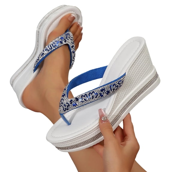 SACFOF Rhinestone Wedge Sandals for Women Platform Flip Flops Women's T-Strap Sandals Comfortable Walking Open Toe Slippers Casual Summer Beach Sparkly Slip On Slides Wedding Party Dress Shoes