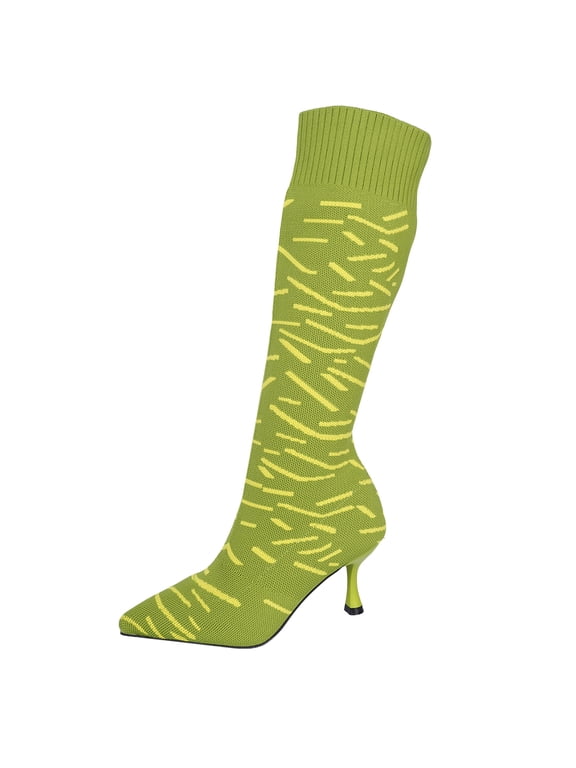 Sexy Camo Tall Boots for Women Pointed Toe Stiletto Heel Wide-calf Pull On Cowgirl Boots Stretchy Knit Open Toe High 2.87 Inches Stiletto for Dressy and Everyday