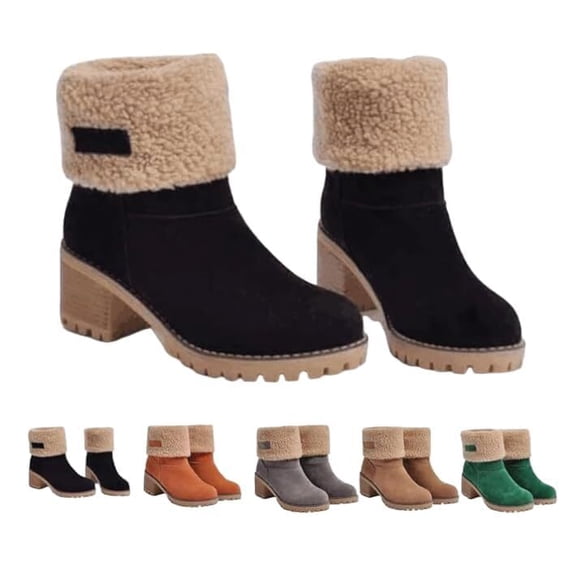 SACFOF Snow Boots for Winter, Ladies Casual Fashion Ankle Booties, Fleece Lined Mid Calf Boots, Comfortable Slip On Chunky Block Heels Suede Outdoor Shoes