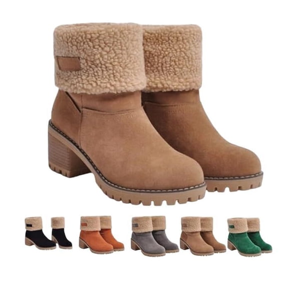 SACFOF Snow Boots for Winter, Ladies Casual Fashion Ankle Booties, Fleece Lined Mid Calf Boots, Comfortable Slip On Chunky Block Heels Suede Outdoor Shoes