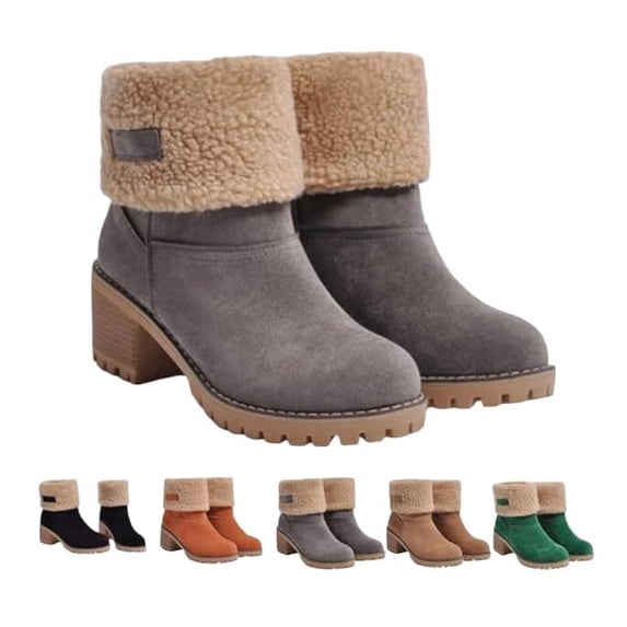 SACFOF Snow Boots for Winter, Ladies Casual Fashion Ankle Booties, Fleece Lined Mid Calf Boots, Comfortable Slip On Chunky Block Heels Suede Outdoor Shoes