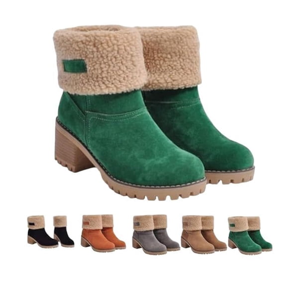SACFOF Snow Boots for Winter, Ladies Casual Fashion Ankle Booties, Fleece Lined Mid Calf Boots, Comfortable Slip On Chunky Block Heels Suede Outdoor Shoes