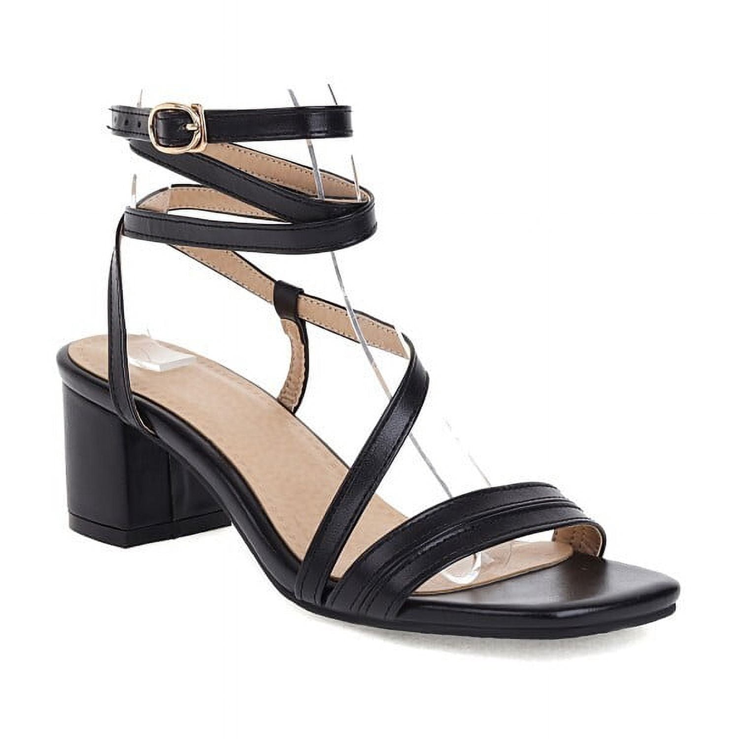 RIBONGZ Women's Heeled Sandals - Strappy Square Toe Ankle Strap Chunky Heels For Wedding & Party (Black, Size 11)