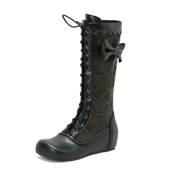 SACFOF Stylish Women Victorian Boots Low Kitten Heel Mid Calf Boots Lace Up Cute Bow Boots for Ladies Witch Shoes