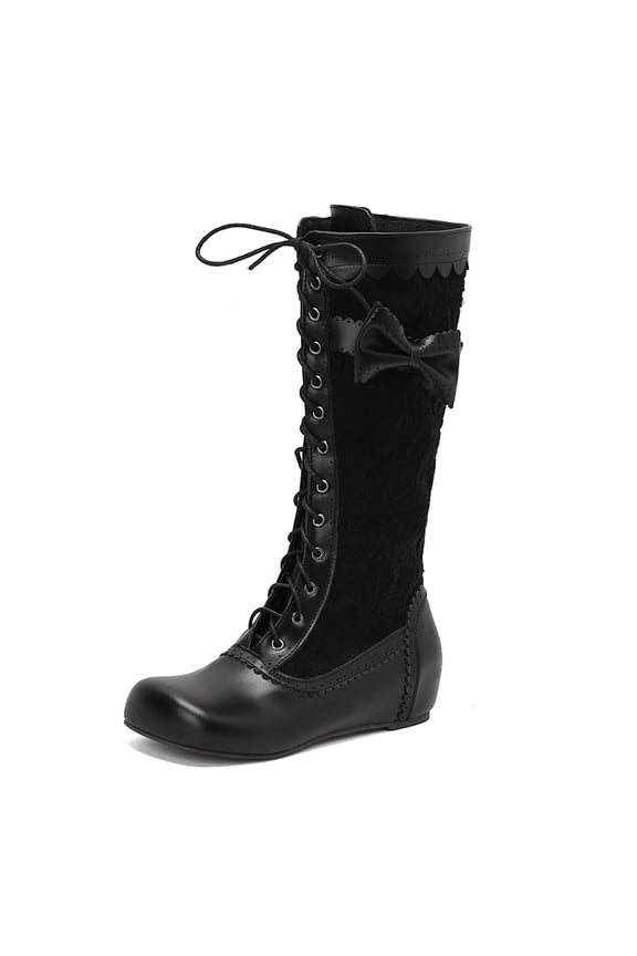 Stylish Women Victorian Boots Low Kitten Heel Mid Calf Boots Lace Up Cute Bow Boots for Ladies Witch Shoes