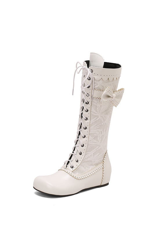 Stylish Women Victorian Boots Low Kitten Heel Mid Calf Boots Lace Up Cute Bow Boots for Ladies Witch Shoes