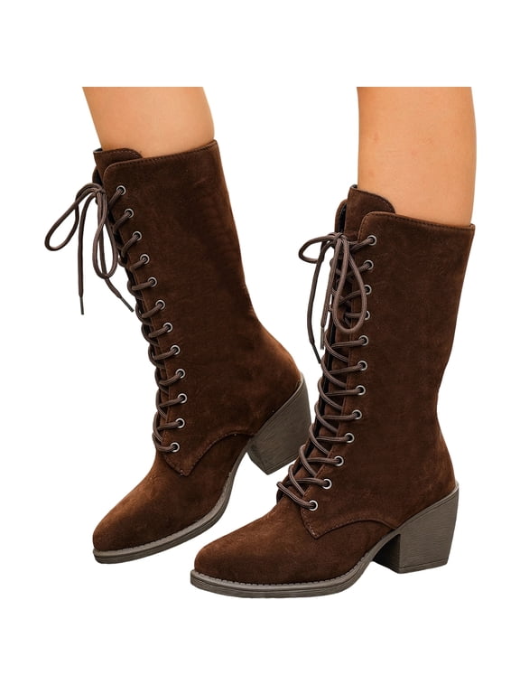 Victorian Boots for Women Chunky Heels Lace Up Mid Calf Boots Vintage Gothic Steampunk Halloween Costume Witch Shoes Medieval Renaissance Boots