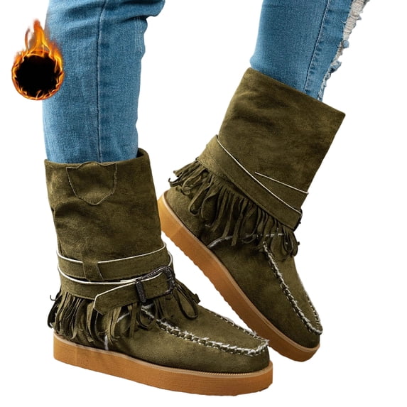SACFOF Vintage Boho Cowboy Boots for Women 2026,Fringe Tassel & Buckle Strap Suede Moccasin Style Cowgirl Ankle Booties for Fall Winter