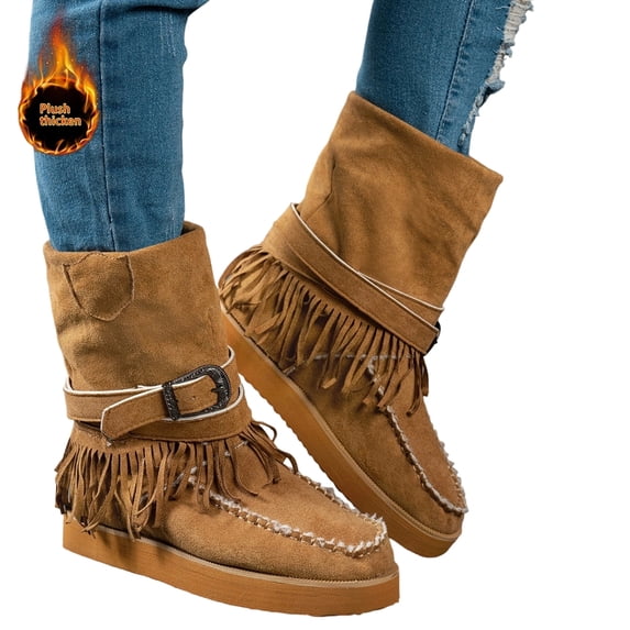 SACFOF Vintage Boho Cowboy Boots for Women 2026,Fringe Tassel & Buckle Strap Suede Moccasin Style Cowgirl Ankle Booties for Fall Winter