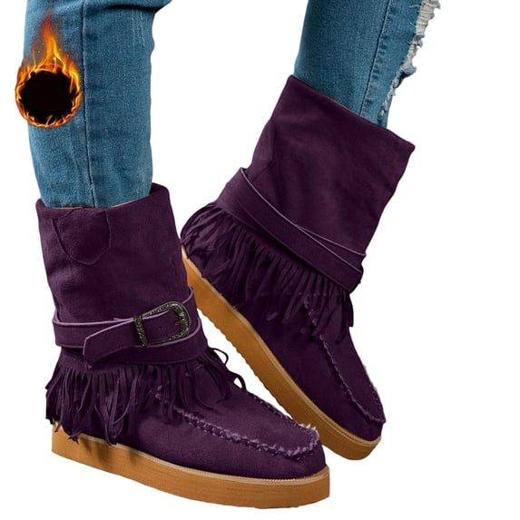 SACFOF Vintage Boho Cowboy Boots for Women 2026,Fringe Tassel & Buckle Strap Suede Moccasin Style Cowgirl Ankle Booties for Fall Winter