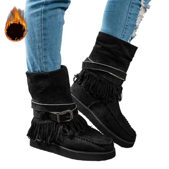 SACFOF Vintage Boho Cowboy Boots for Women 2026,Fringe Tassel & Buckle Strap Suede Moccasin Style Cowgirl Ankle Booties for Fall Winter