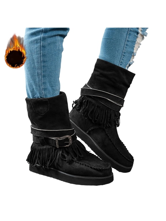 Vintage Boho Cowboy Boots for Women 2026,Fringe Tassel & Buckle Strap Suede Moccasin Style Cowgirl Ankle Booties for Fall Winter