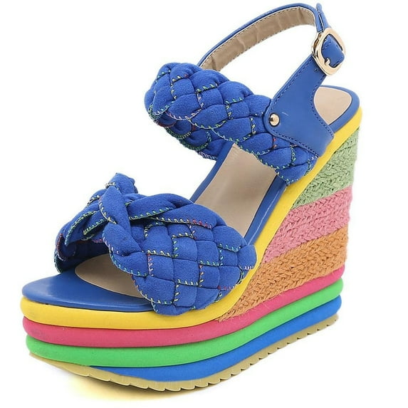 SACFOF Wedge Sandals for Women Colorful Double Woven Band Espadrilles Platform High Heel Sandals Ankle Strap Slingback Summer Shoes