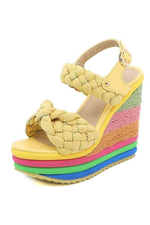 Wedge Sandals for Women Colorful Double Woven Band Espadrilles Platform High Heel Sandals Ankle Strap Slingback Summer Shoes