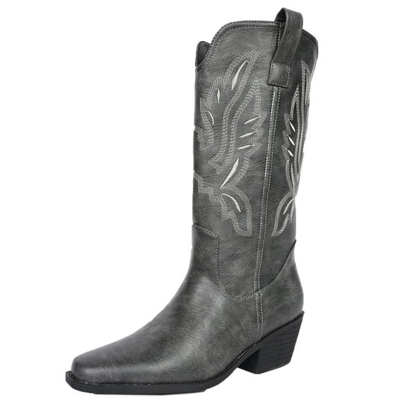 SACFOF Western Cowboy Boots for Women Cowgirl Mid Calf Western Boots Embroidered Stitched Pointed Toe Chunky Block Heel Gray Red Black US5-10.5