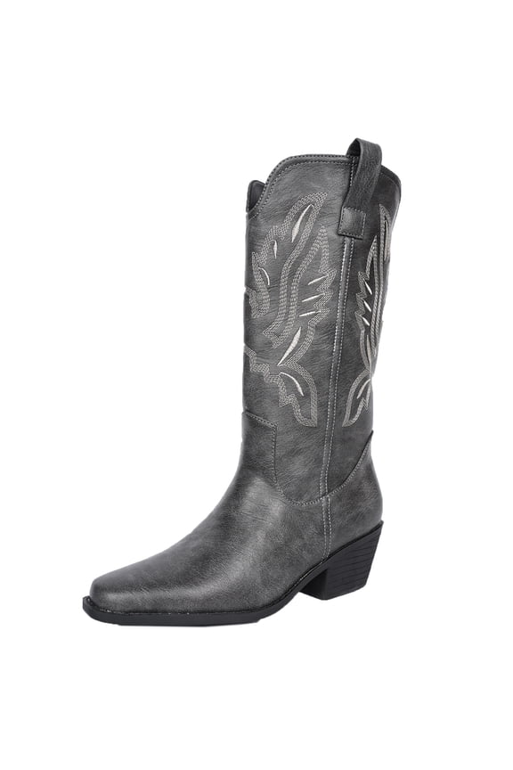 Western Cowboy Boots for Women Cowgirl Mid Calf Western Boots Embroidered Stitched Pointed Toe Chunky Block Heel Gray Red Black US5-10.5