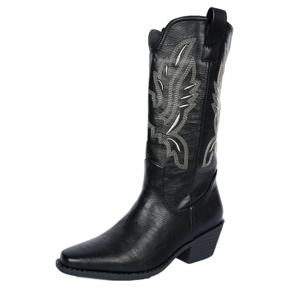 SACFOF Western Cowboy Boots for Women Cowgirl Mid Calf Western Boots Embroidered Stitched Pointed Toe Chunky Block Heel Gray Red Black US5-10.5