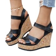 SACFOF Wide Width Platform Wedge Sandals for Women Comfortable Low Heel Open-Toe Summer Shoes with Adjustable Ankle Strap