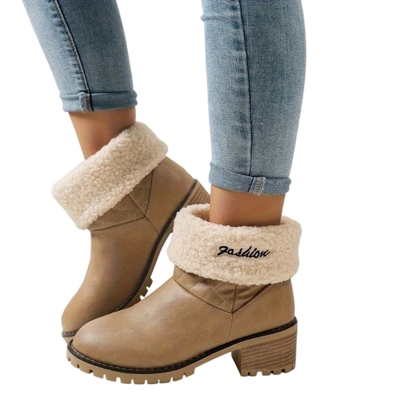SACFOF Winter Snow Boots for Women Mid Heel Ankle Booties Faux Suede Fur Lined Slip-on Shoes