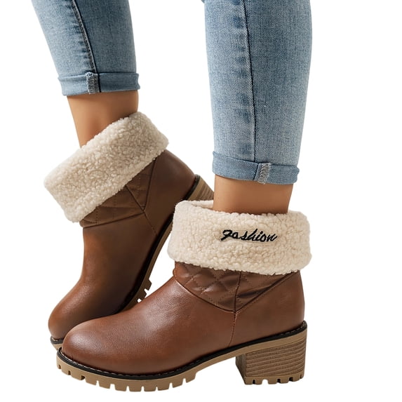 SACFOF Winter Snow Boots for Women Mid Heel Ankle Booties Faux Suede Fur Lined Slip-on Shoes