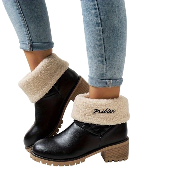 SACFOF Winter Snow Boots for Women Mid Heel Ankle Booties Faux Suede Fur Lined Slip-on Shoes