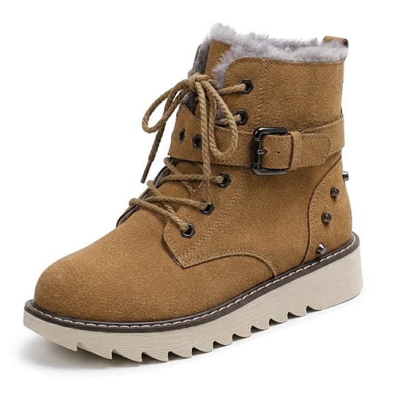 SACFOF Winter Snow Boots for Women,Warm Fur Lined Ankle Boots Comfortable Suede Lace Up Booties Cute Flat Shoes,Traction